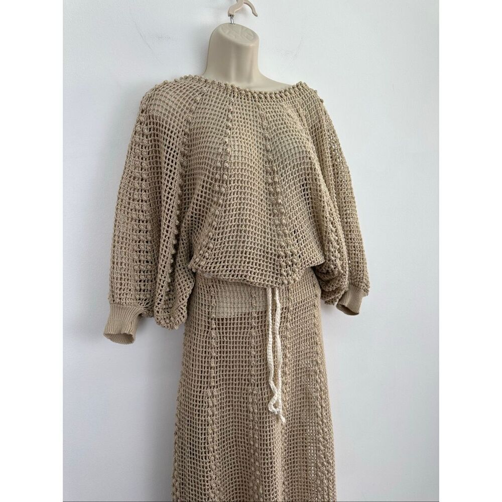 J.M. Pink Women’s Vintage Tan Cream Crochet Open Knit Two Piece Dolman Sleeve Ma - Picture 14 of 14